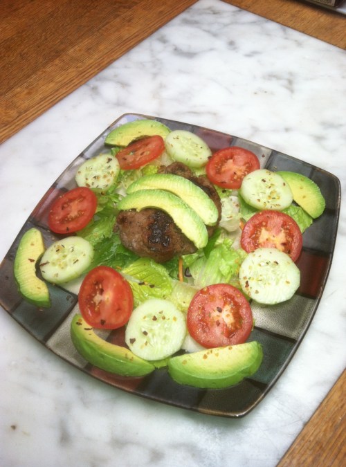 Hamburger-Avocado Salad with tomatoes, cucumbers, lettuce, salt/pepper, and olive oil vinaigrette