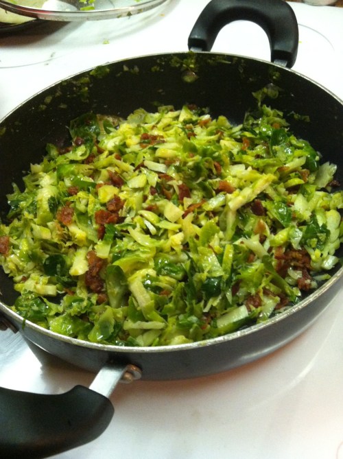 Bacon has been added and blended after the sprouts are cooked